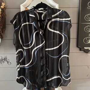 Nine West Black Sheer Button-Front Blouse with White and Blue Swirl